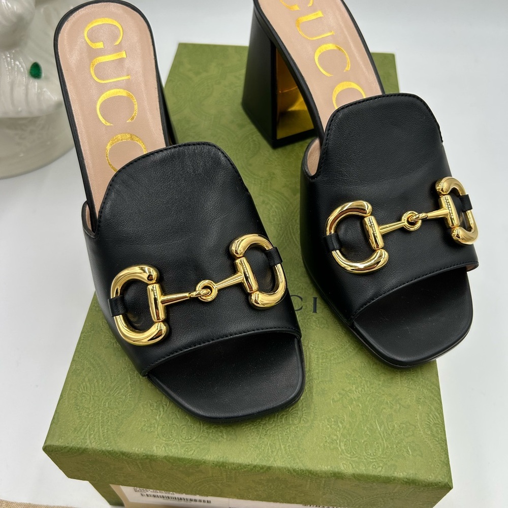 Women's Gucci Horsebit Leather mid heel slide sandal size 37.5 made in Italy - Picture 2 of 9